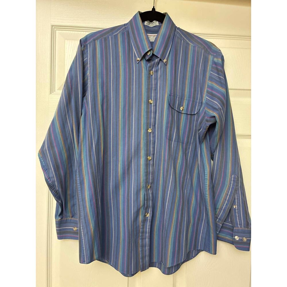 Westchester Men's Medium Striped Button Down Shirt Blue Cotton Blend Long Sleeve